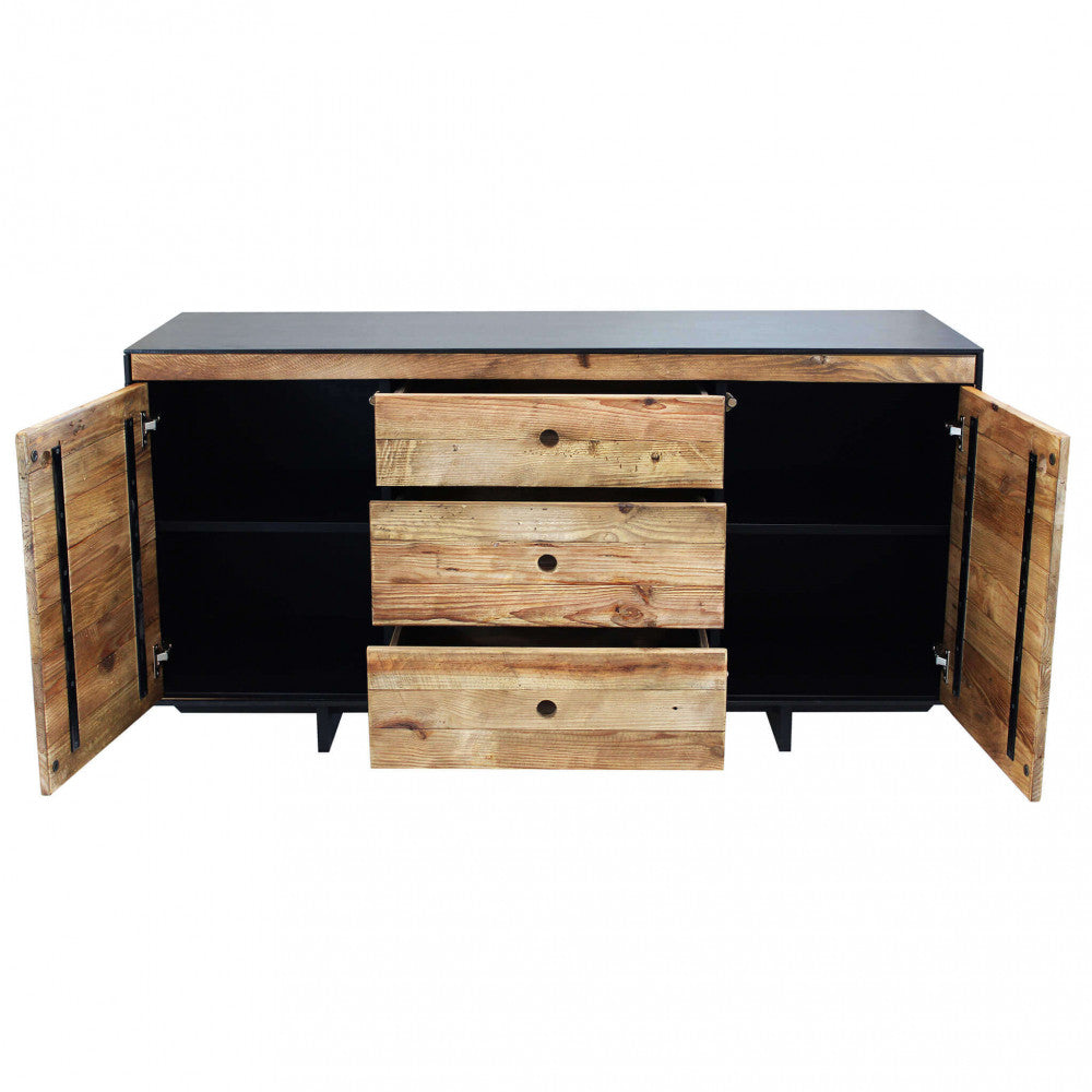 Vista frontale della credenza Devin con le due ante laterali aperte e i cassetti centrali chiusi.