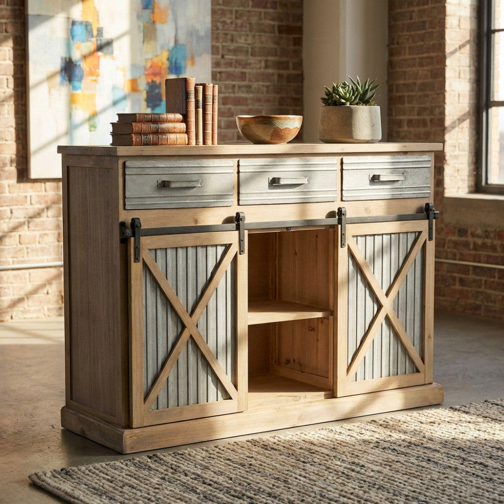 Credenza Dolph in legno e metallo ambientata in un living dal design industriale con parete in mattoni.