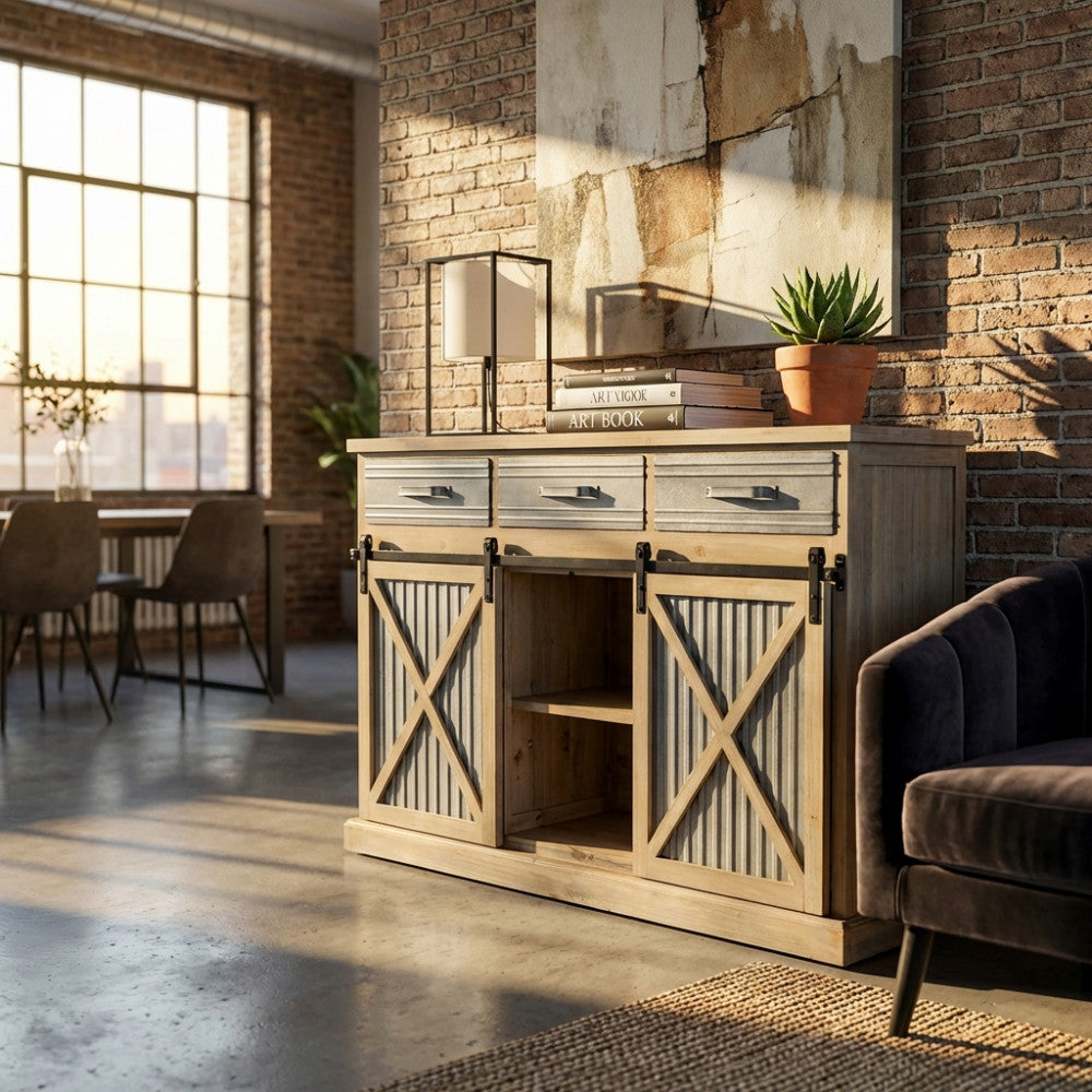 Vista angolare della credenza Dolph illuminata dalla luce naturale in un loft moderno con pavimenti in cemento.