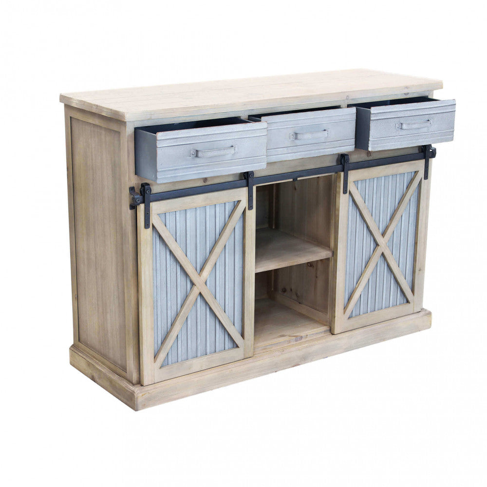 Credenza Dolph con i tre cassetti superiori in metallo parzialmente aperti, mostrando la capacità contenitiva.