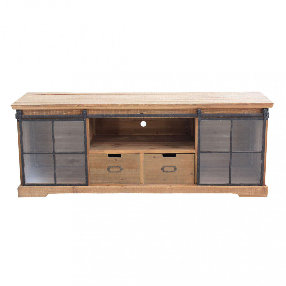 Mobile Dorian credenza in legno marrone e struttura in acciaio antracite con ante in vetro, stile industriale | Albert Stock