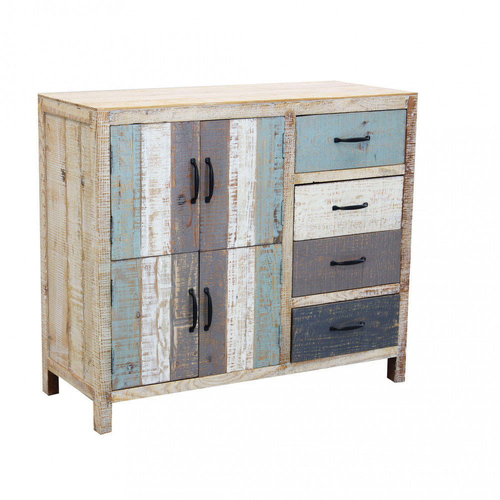 Vista frontale isolata della credenza Edison su sfondo bianco, che evidenzia le finiture multicolor.