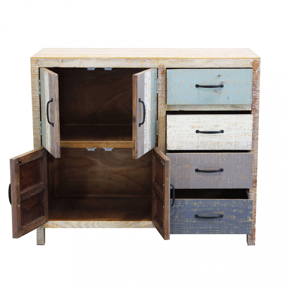 Credenza in legno con ante aperte, mostrando gli ampi scomparti interni su sfondo bianco.