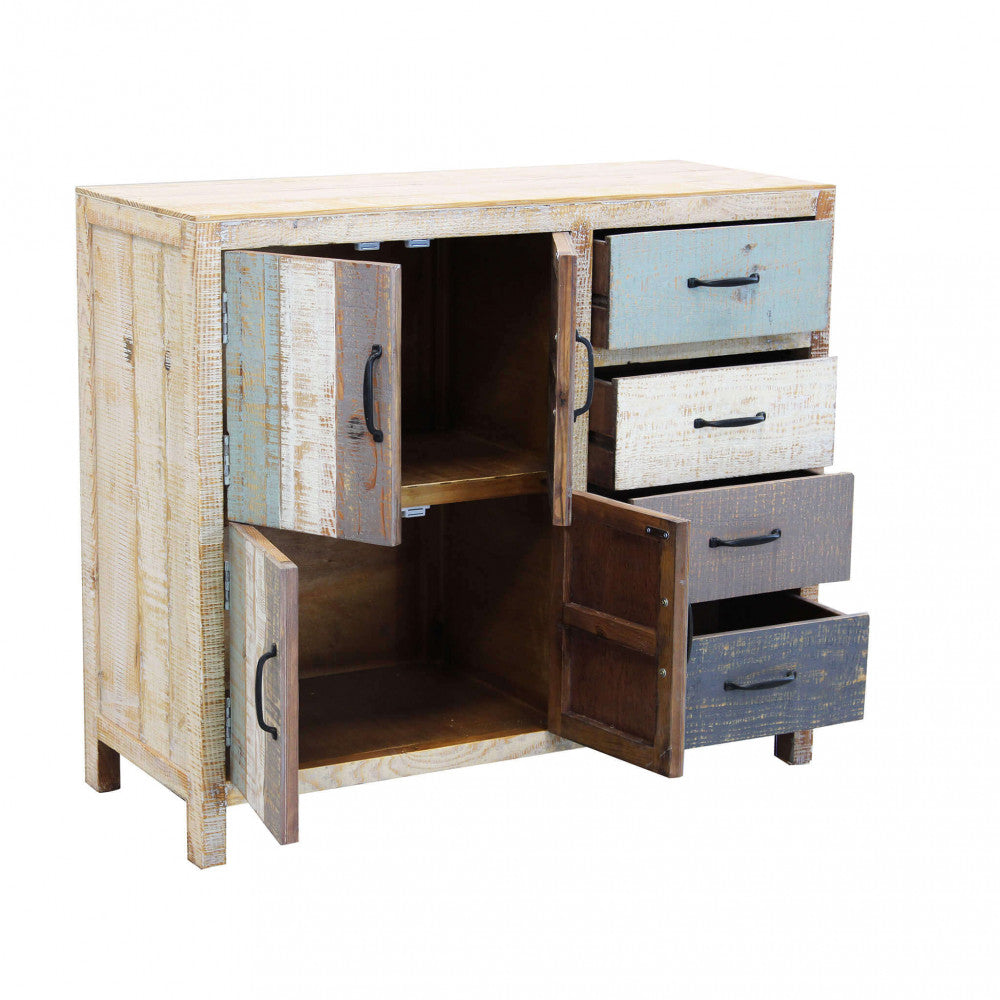 Prospettiva angolare della credenza con ante aperte e cassetti chiusi, rivelando la struttura interna.