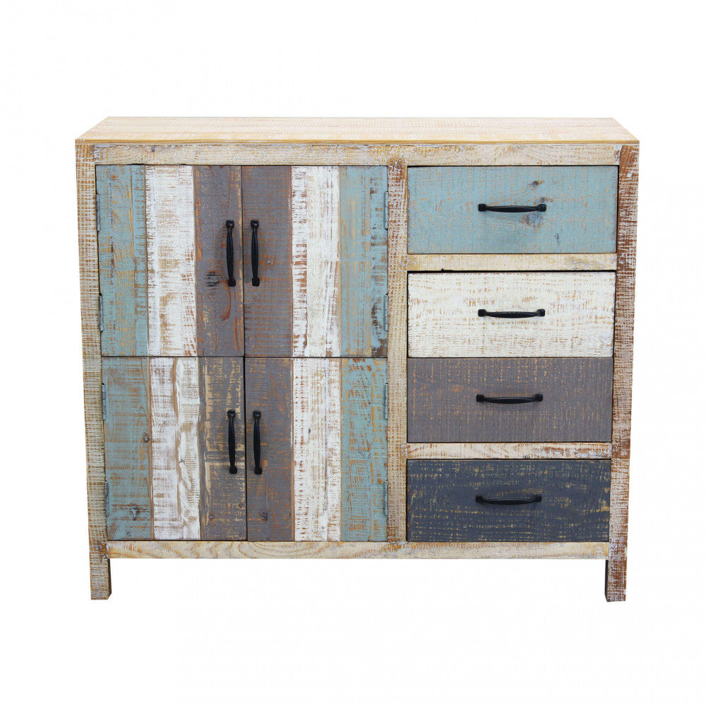 Vista frontale ravvicinata della credenza, con focus sulle maniglie in metallo scuro e le venature del legno.