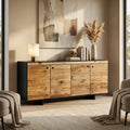 Credenza vintage ELDRED in pino riciclato, vista frontale in un soggiorno illuminato dal sole.