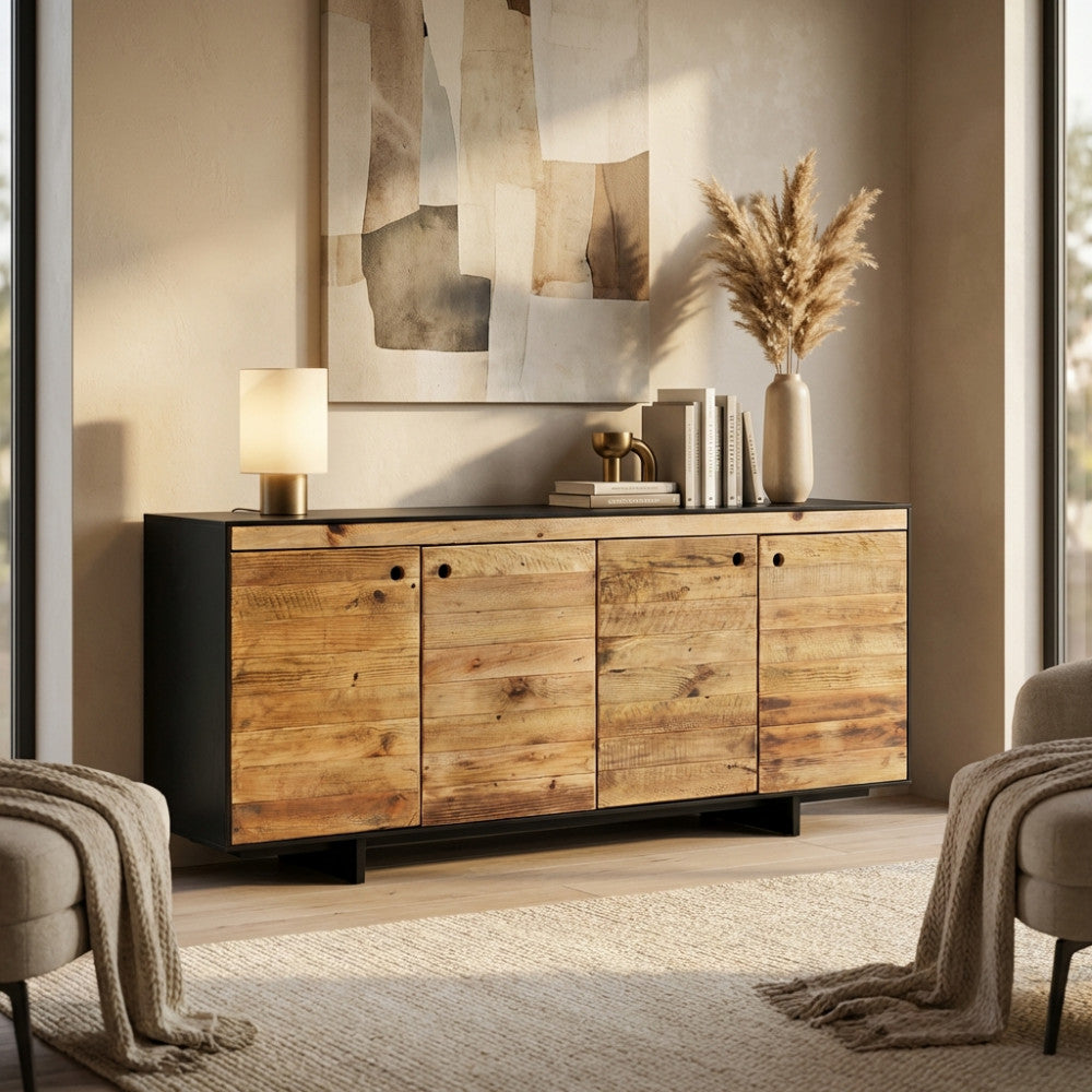 Credenza vintage ELDRED in pino riciclato, vista frontale in un soggiorno illuminato dal sole.