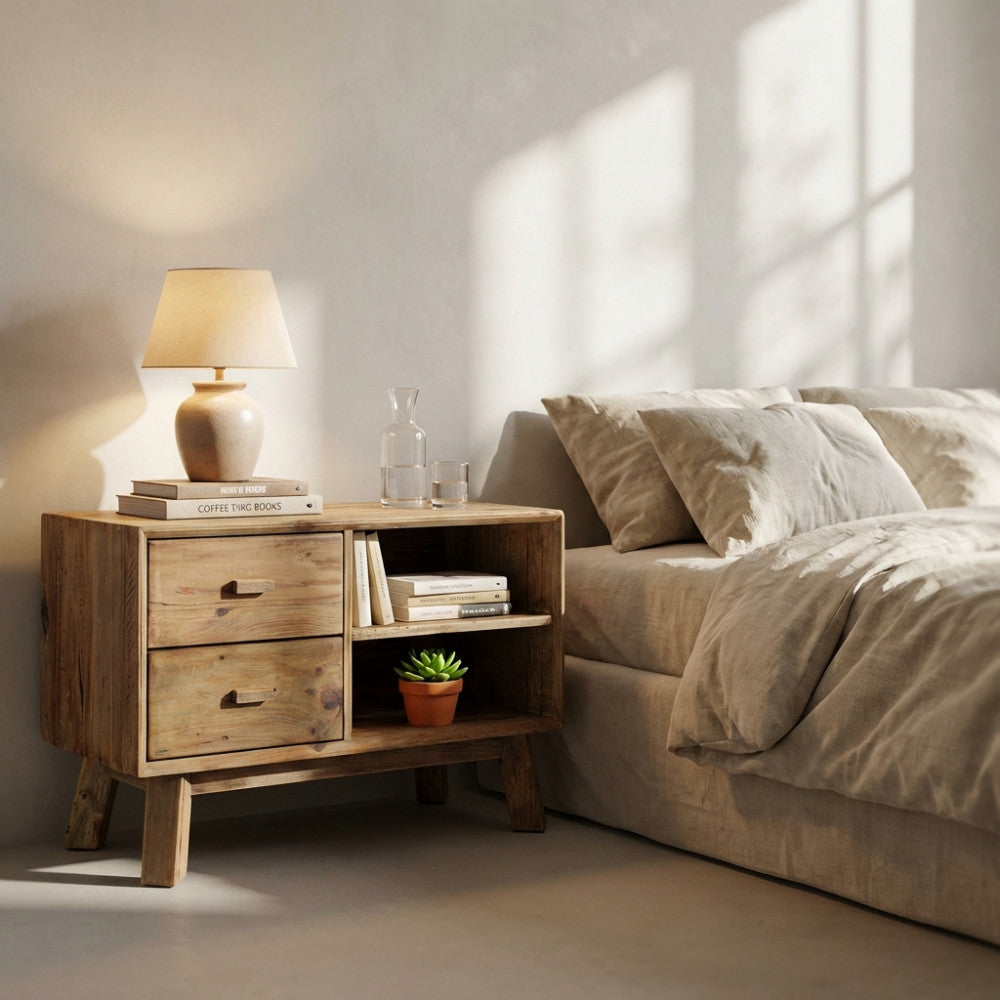 Dettaglio del comodino ELSDON con lampada in ceramica e libri, in un'atmosfera calda e rilassante.