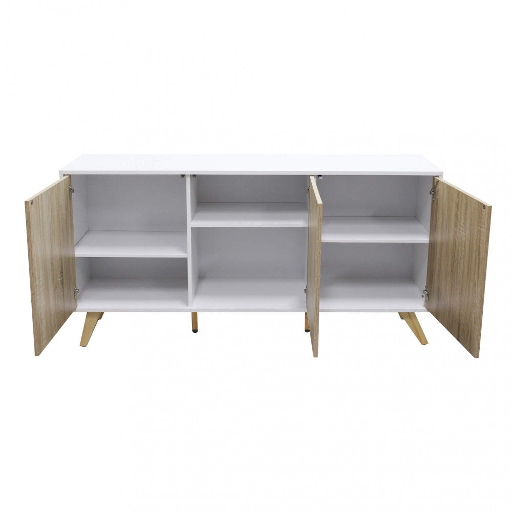 Vista frontale della credenza con ante aperte, mostrando la disposizione razionale degli spazi contenitivi interni.