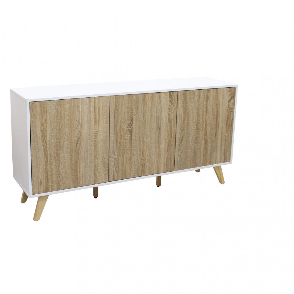 Scatto in studio della credenza Elton chiusa, evidenziando le linee pulite e le gambe inclinate in legno.