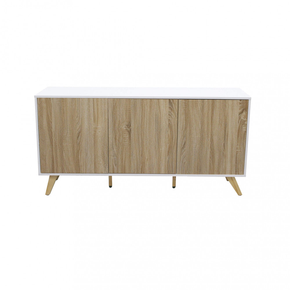 Vista frontale della credenza chiusa su sfondo bianco, che ne esalta la simmetria e il design minimalista.