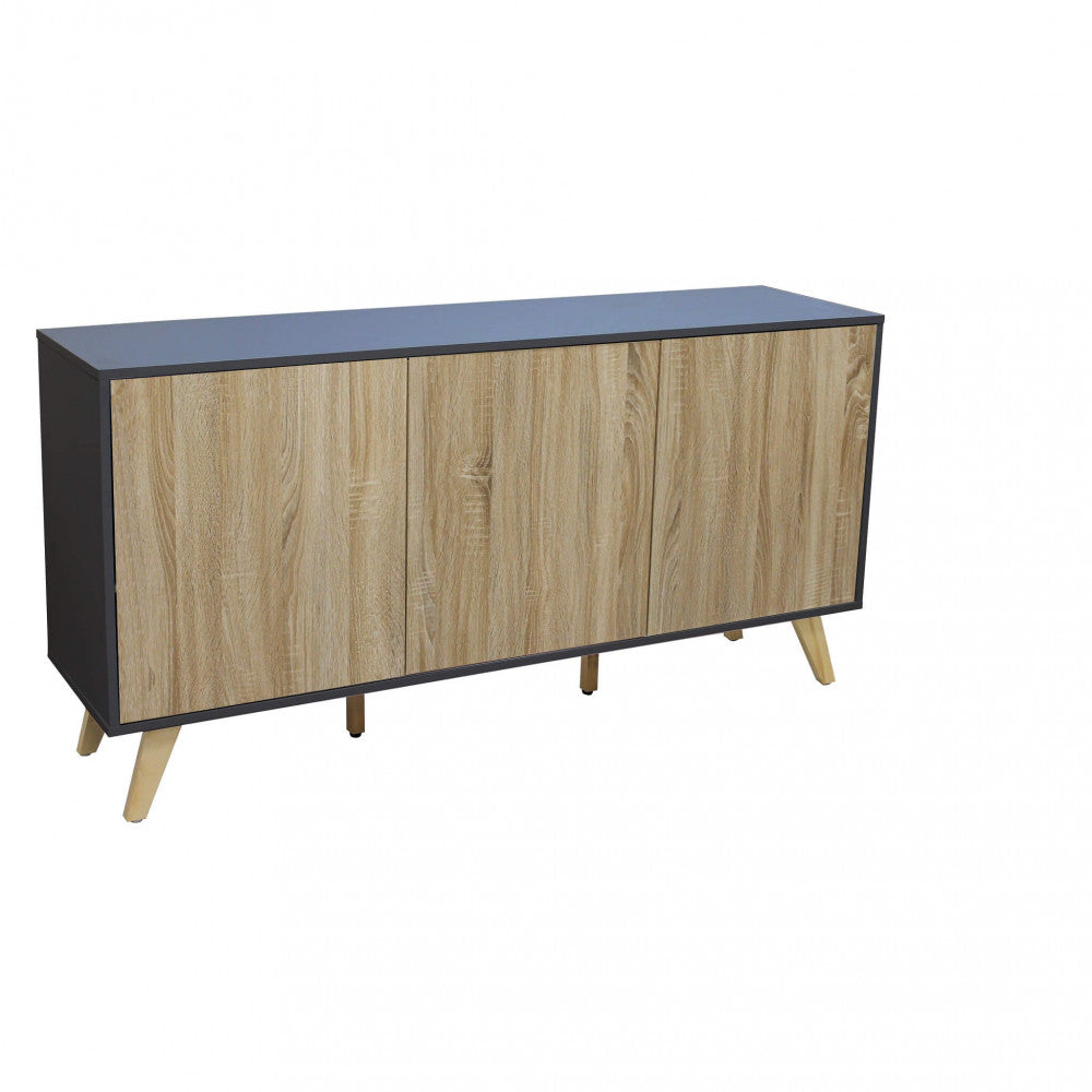 Vista angolare della credenza Elton in truciolare bilaminato, isolata su sfondo bianco.