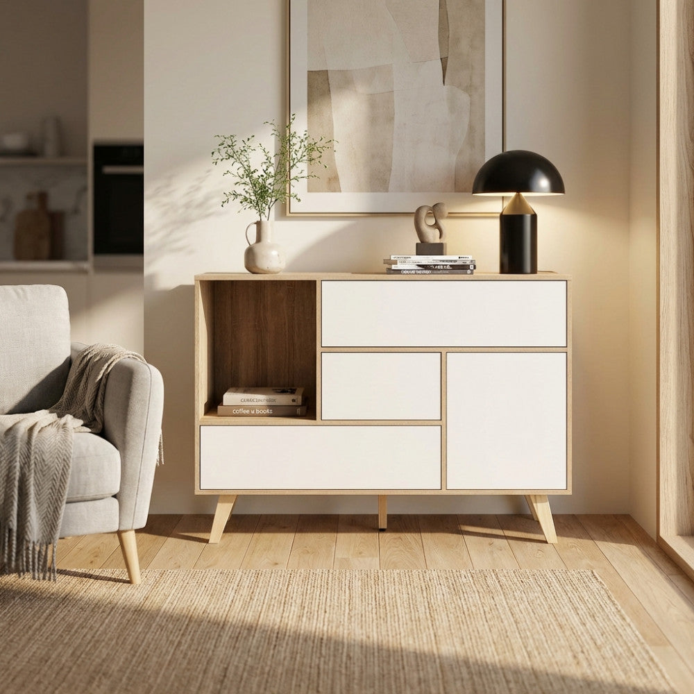 Vista frontale della credenza Emory illuminata dalla luce naturale, posizionata accanto a una poltrona grigia in un salotto elegante.