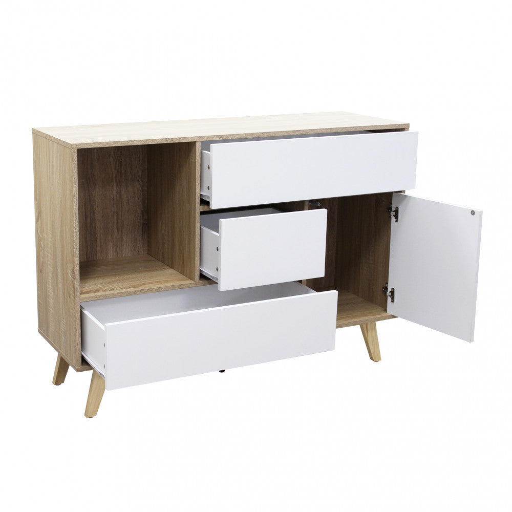 Vista angolata della credenza con anta e cassetti aperti, che rivela la struttura robusta in truciolare bilaminato.