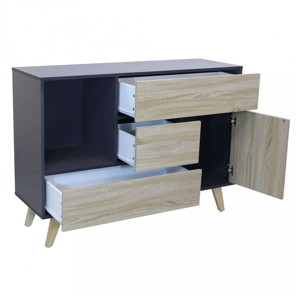 Credenza Emory con cassetti e anta aperti, rivelando l'ampio spazio contenitivo interno.