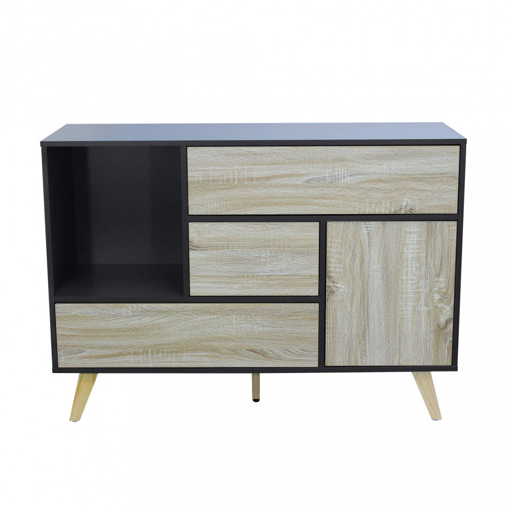 Vista frontale completa della credenza Emory con design geometrico asimmetrico.