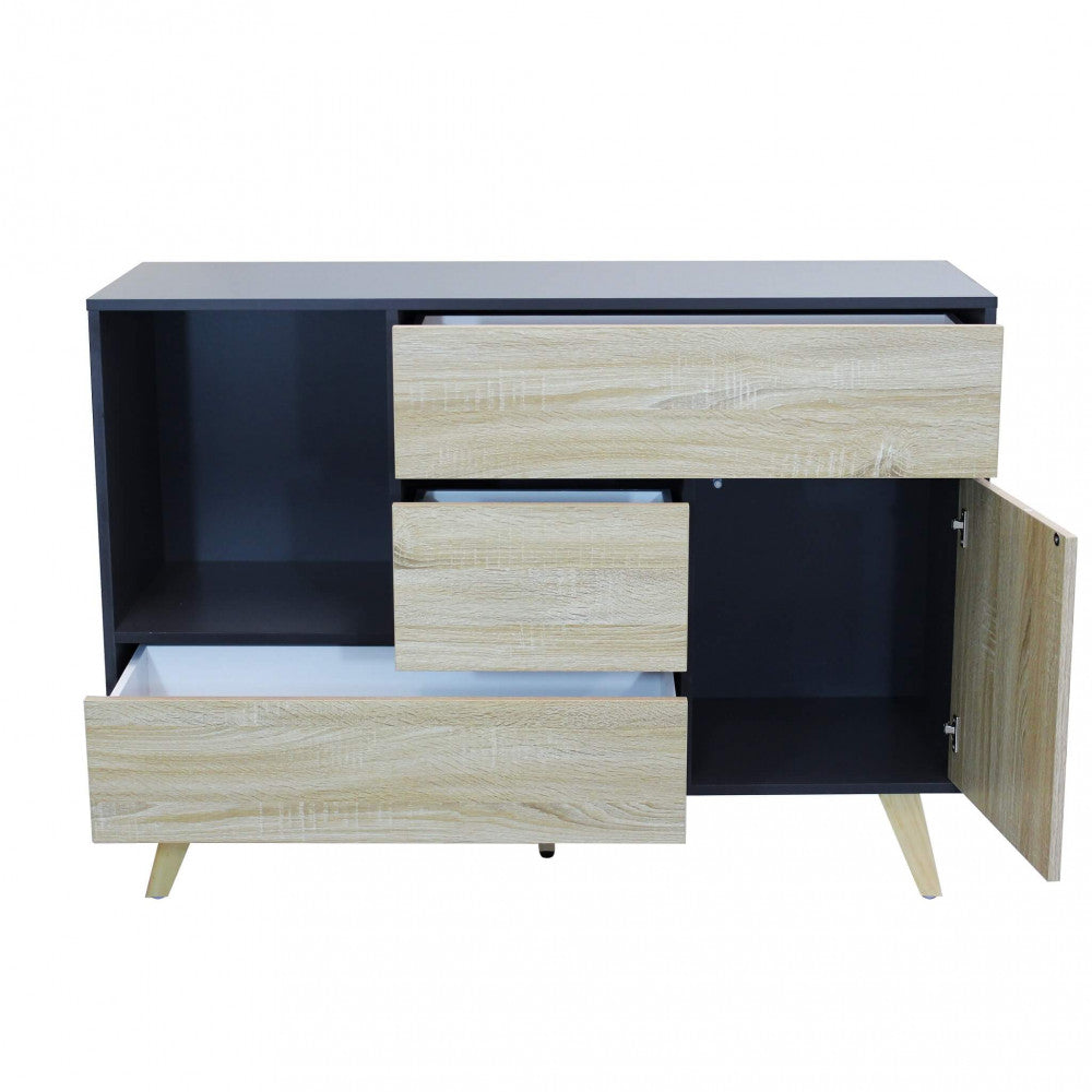 Vista frontale della credenza con cassetti e anta aperti per mostrare la struttura interna.