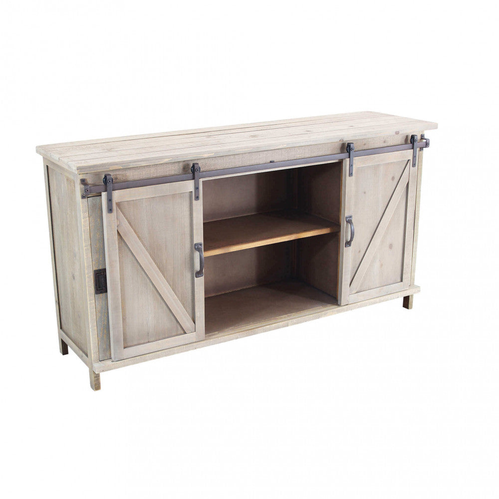 Credenza con ante centrali in legno aperte, mostrando l'ampio vano contenitore interno.