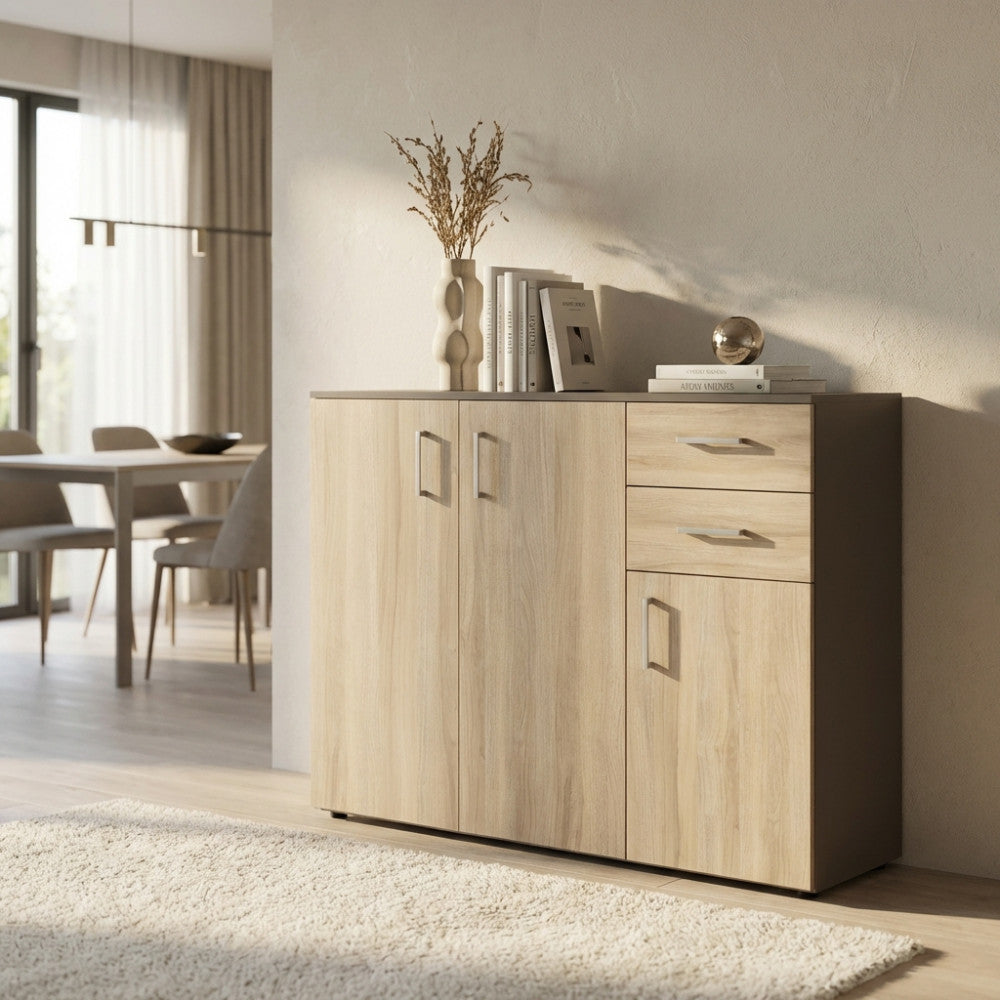 Credenza Flexi in olmo grigio scuro ambientata in una sala da pranzo moderna e luminosa.