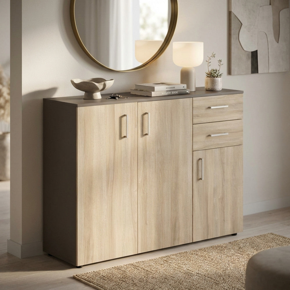Dettaglio della credenza Flexi utilizzata come mobile ingresso con specchio rotondo e decorazioni.