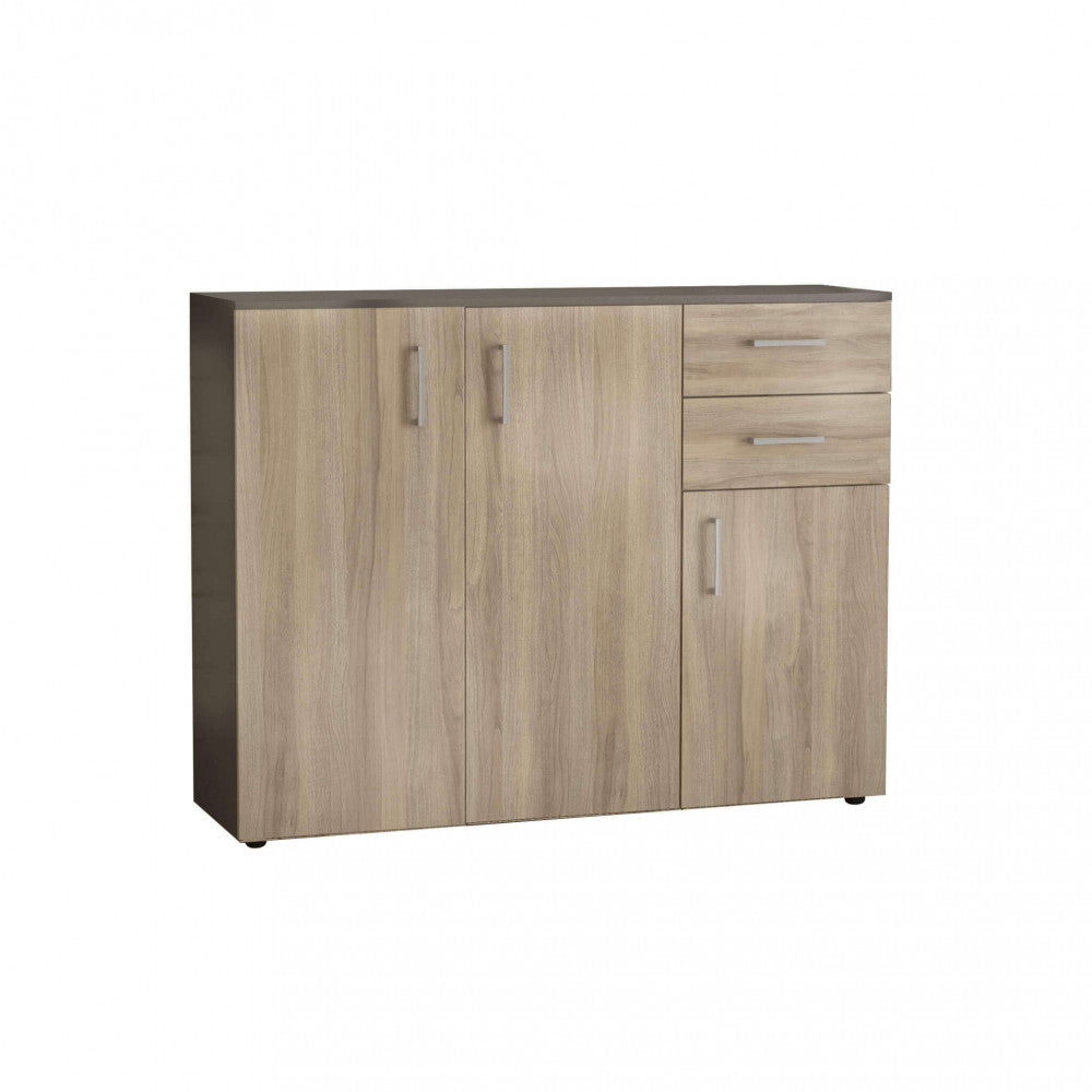 Vista frontale della credenza Flexi isolata su sfondo bianco, che mostra ante e cassetti.