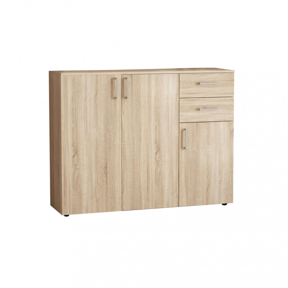 Vista isolata della credenza Flexi in truciolare bilaminato su sfondo neutro.