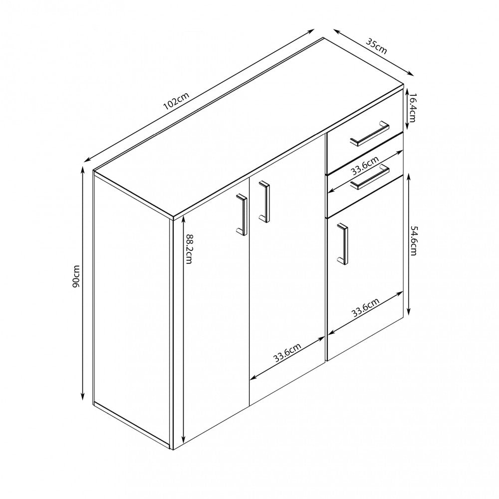 Disegno tecnico della credenza Flexi con quote dimensionali dettagliate in centimetri.