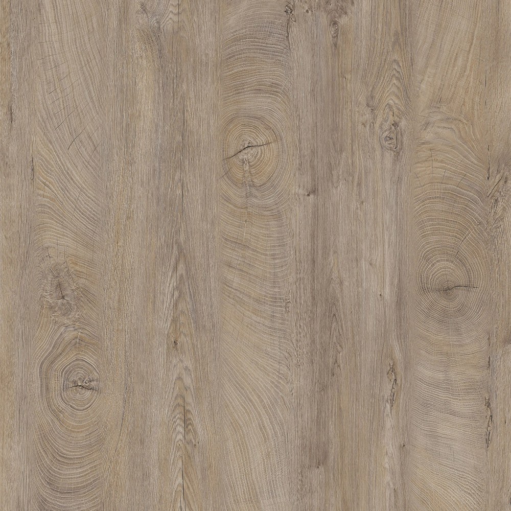 Texture ravvicinata del truciolare bilaminato finitura rovere chiaro con venature e nodi del legno.