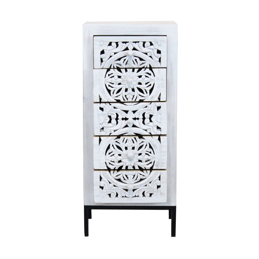 Mobile a cassetti alto modello Foster, con struttura in ferro nero e cinque cassetti in legno di mango sbiancato vista frontale