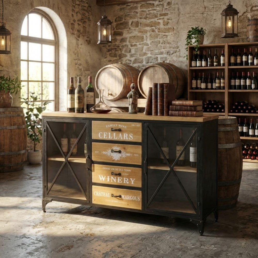 Vetrina Fraser in stile cantina inserita in un ambiente rustico con botti di rovere.