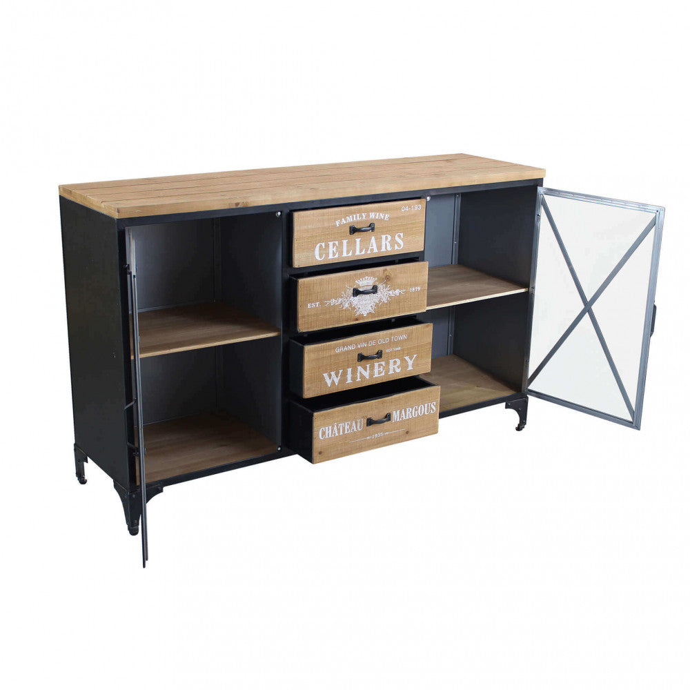 Credenza Fraser con anta destra in vetro e metallo aperta.