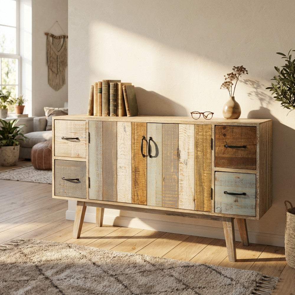Credenza vintage Fred in legno multicolore ambientata in un soggiorno luminoso.