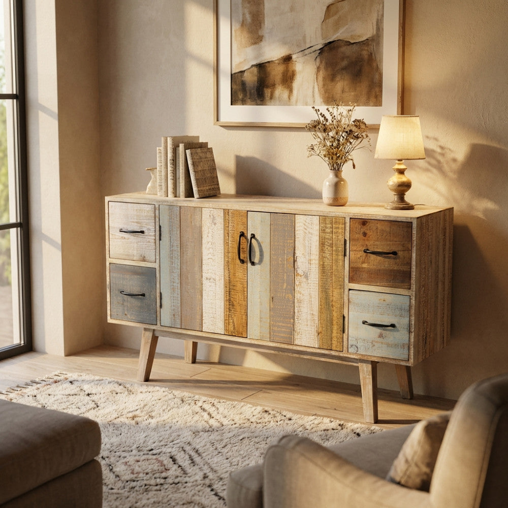Dettaglio della credenza in legno con lampada da tavolo e tappeto testurizzato.