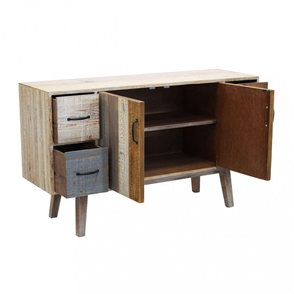 Credenza con ante aperte, rivelando i capienti ripiani interni in legno.
