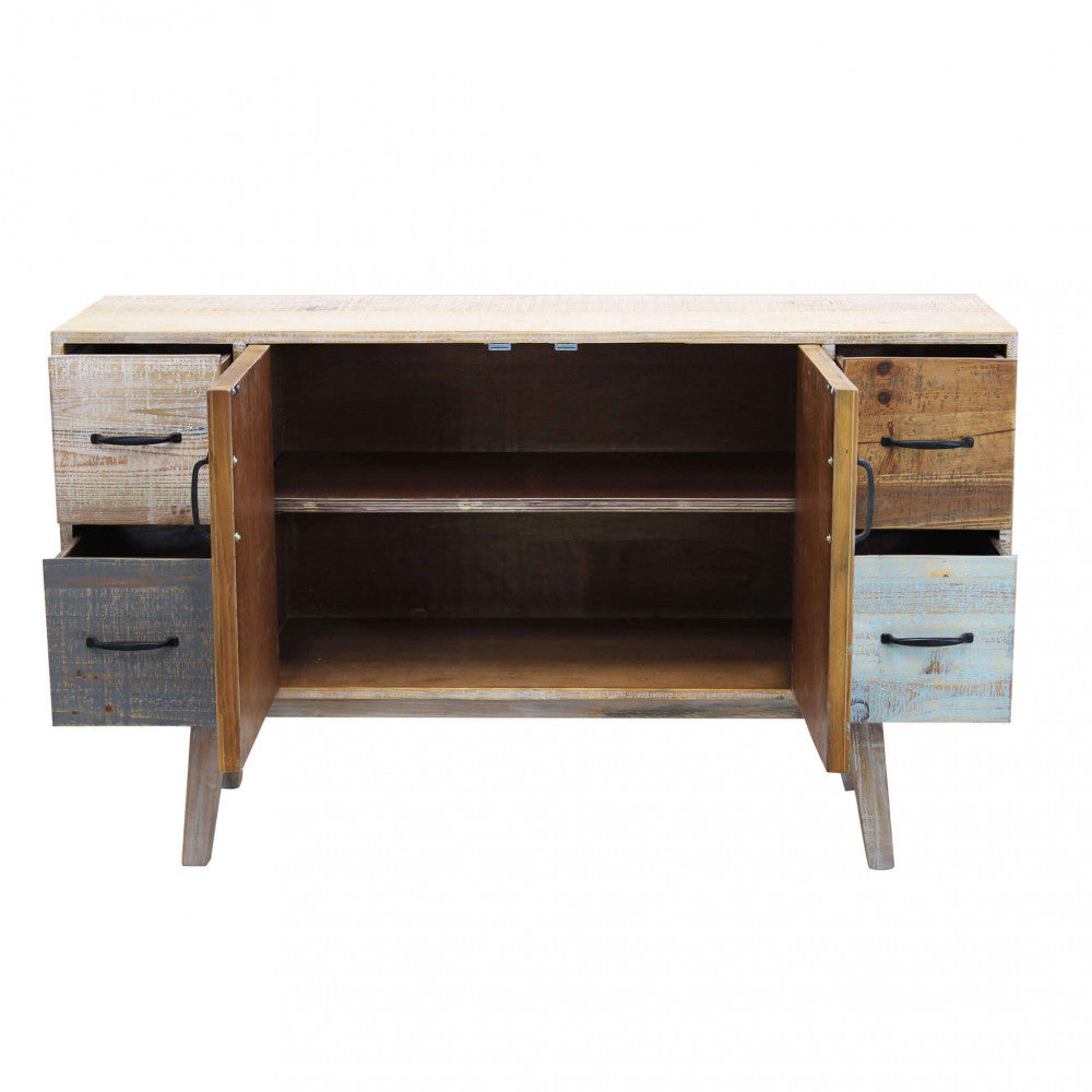 Vista interna completa della credenza con ante e cassetti aperti.
