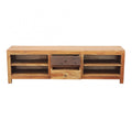 Porta TV Geoffrey in legno riciclato visto frontalmente con cassetti aperti.