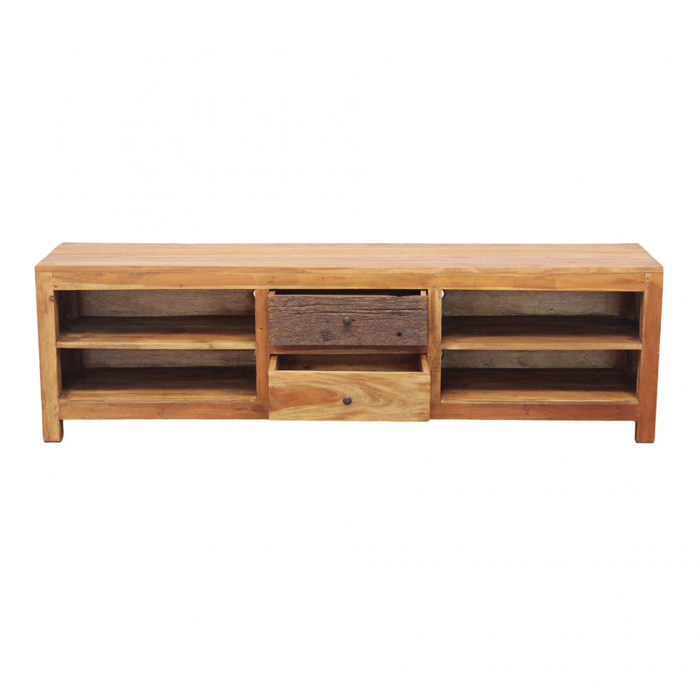 Porta TV Geoffrey in legno riciclato visto frontalmente con cassetti aperti.