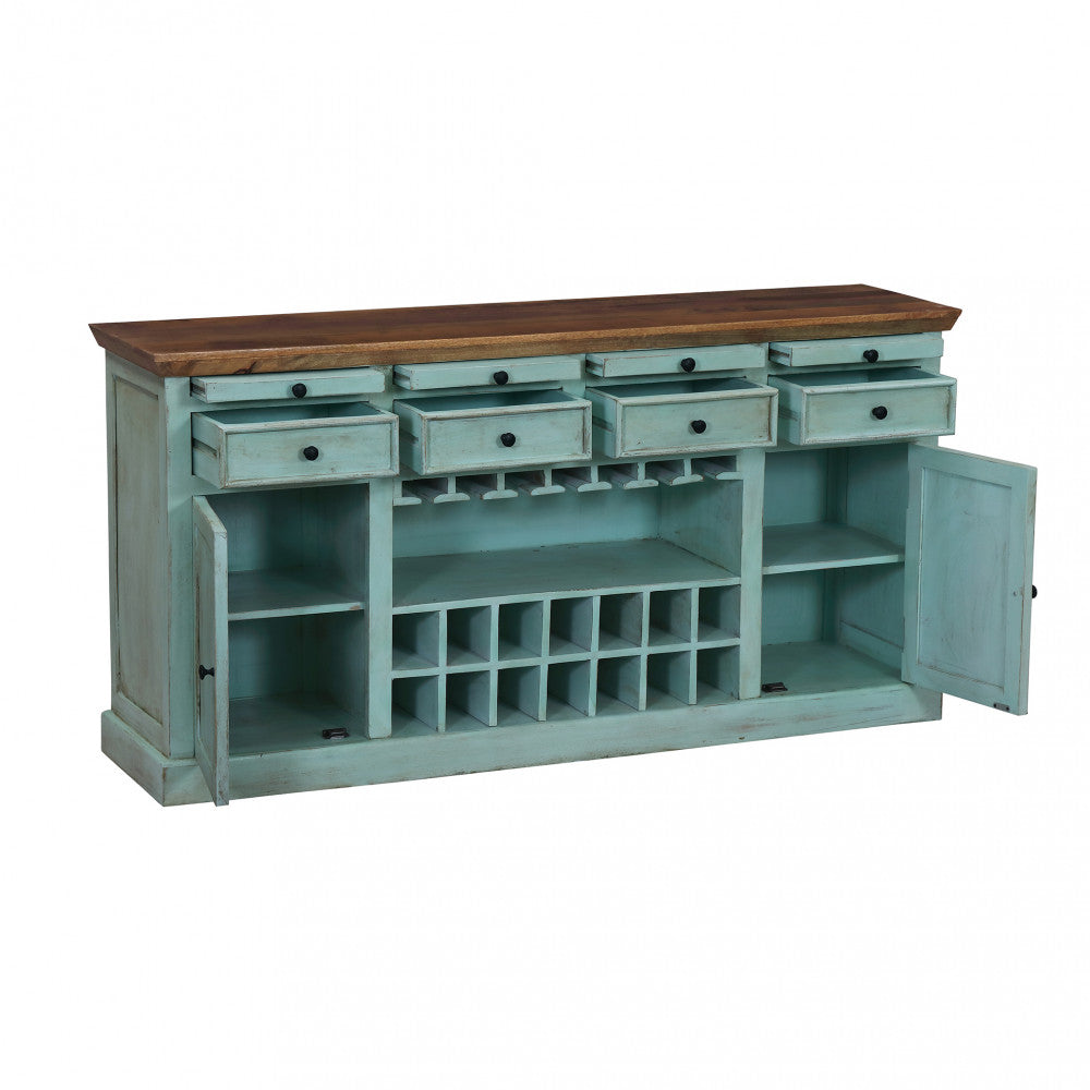 Credenza Gordon con ante e cassetti aperti, rivelando l'ampia capacità contenitiva interna e i ripiani.