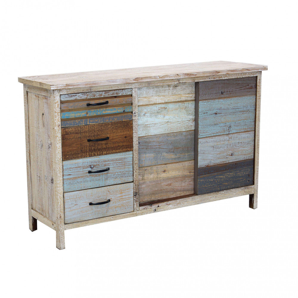 Prospettiva angolare della credenza in legno massello su sfondo bianco.