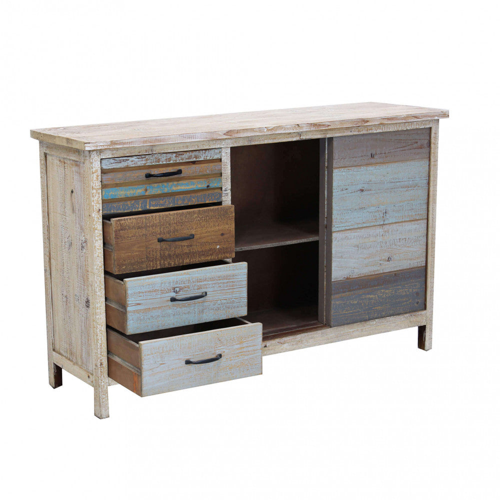 Credenza con anta scorrevole aperta e cassetti chiusi, mostrando la struttura interna.