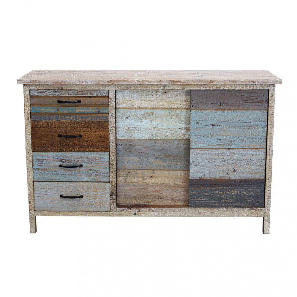 Prospettiva frontale completa della credenza Harry con finitura multicolore.