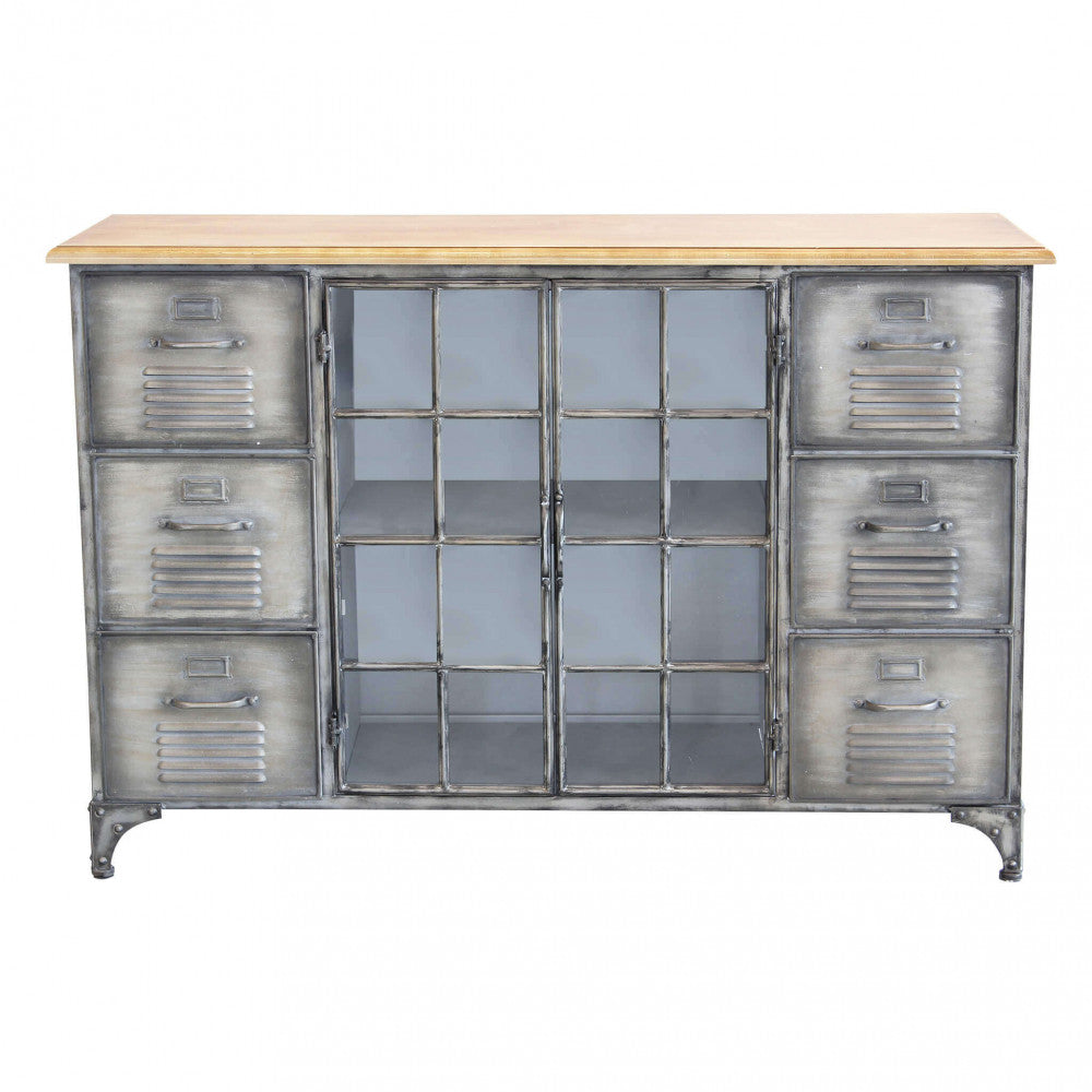 Vista frontale della credenza Ernest con ante chiuse, che sottolinea la simmetria del design industriale in metallo.