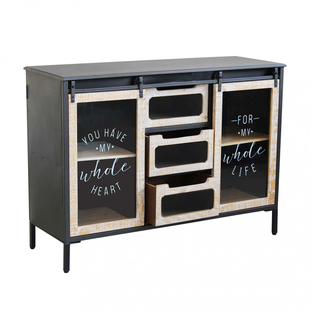 Credenza Florent con i tre cassetti centrali aperti, evidenziando la funzionalità e la capienza dei vani in legno marrone.