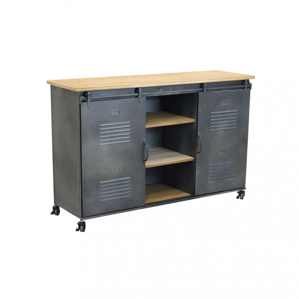 Credenza Gabriel isolata su sfondo bianco, con ante scorrevoli aperte che mostrano i ripiani interni in legno.