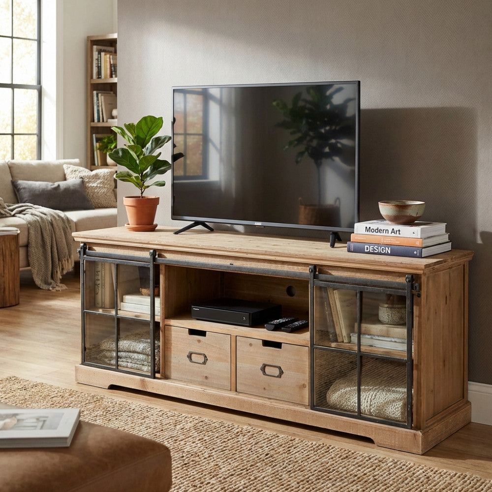 Dettaglio laterale del mobile TV Dorian in legno marrone con ante scorrevoli in vetro e metallo antracite in un living luminoso.