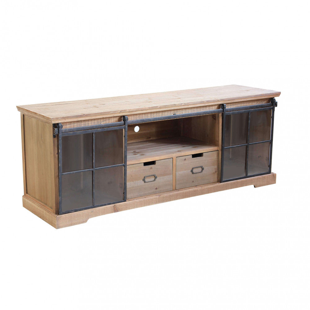 Vista frontale della credenza industriale Dorian isolata su sfondo bianco, che mostra i due cassetti centrali e le ante in vetro.