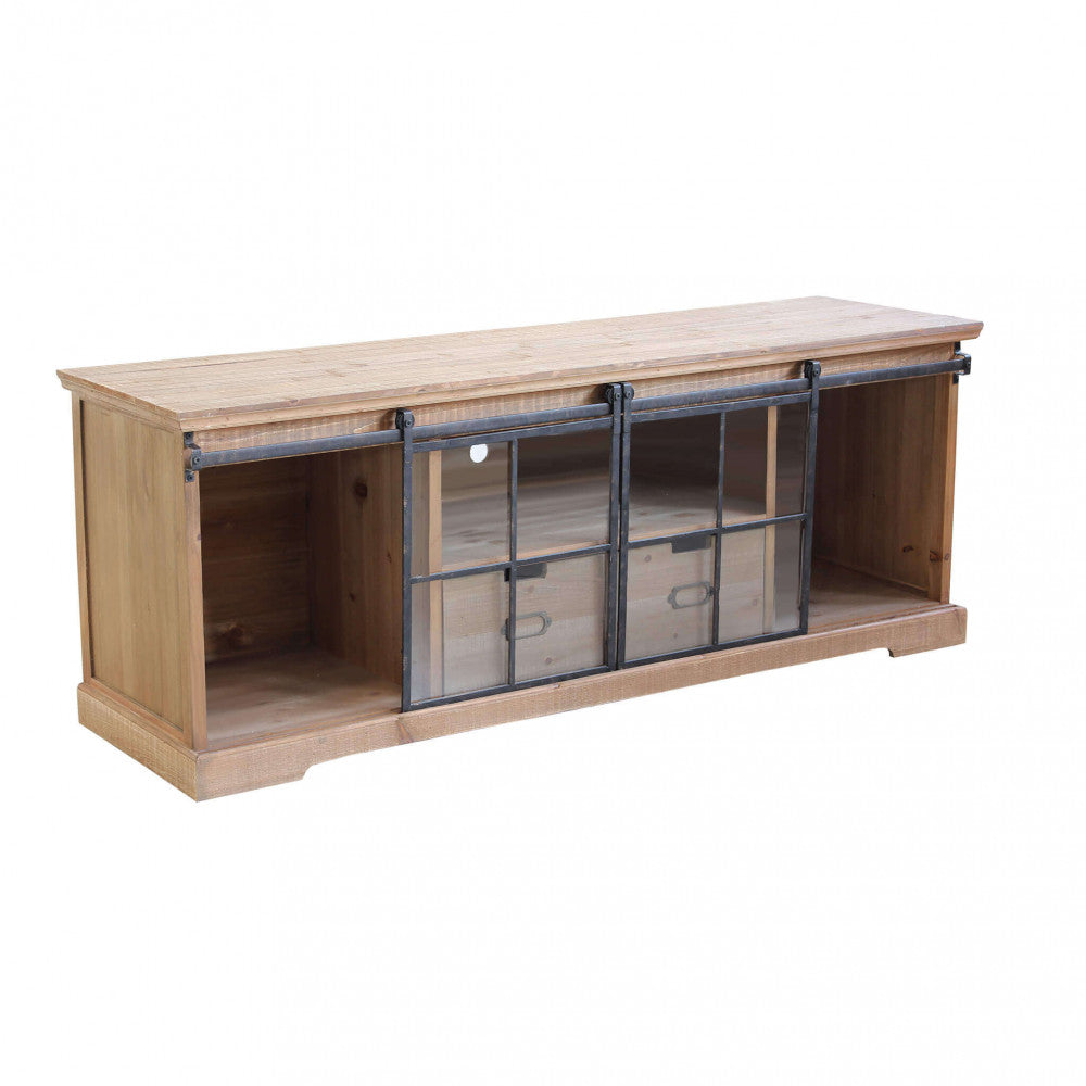 Credenza Dorian con entrambe le ante scorrevoli in metallo e vetro spostate verso il centro, esponendo i vani laterali in legno.