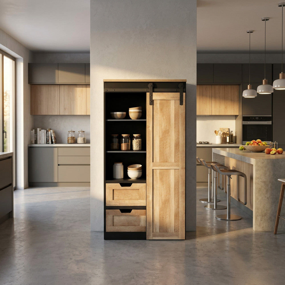 Libreria Jamar in legno e acciaio ambientata in una cucina moderna con isola.