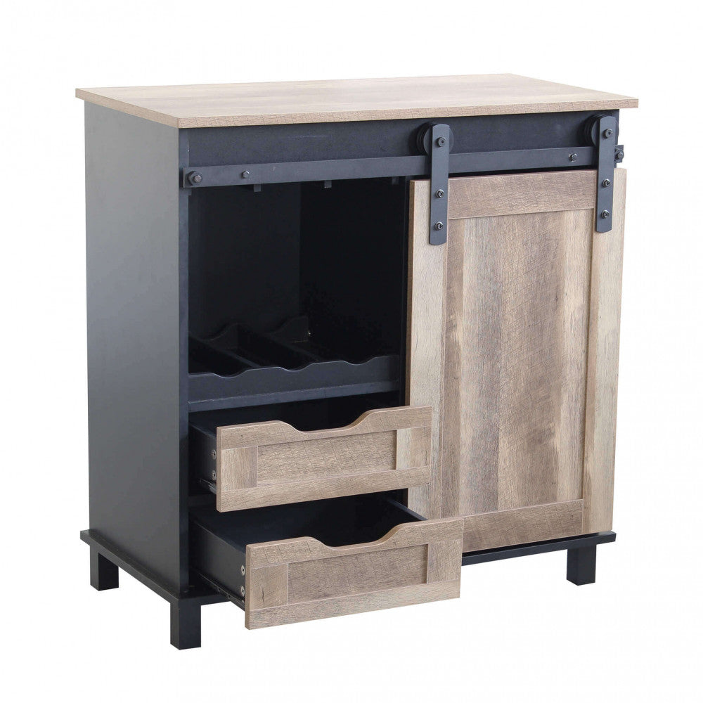 Credenza Yvan con entrambi i cassetti aperti, mostrando la capienza interna e il contrasto materico dei materiali.
