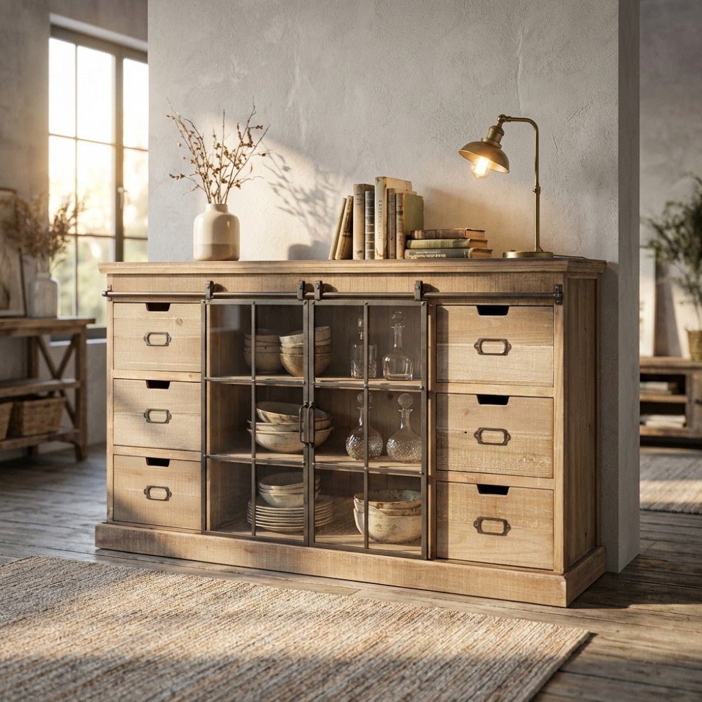 Credenza Gaston in legno e vetro ambientata in un soggiorno luminoso con lampada da tavolo in metallo e vasi decorativi.